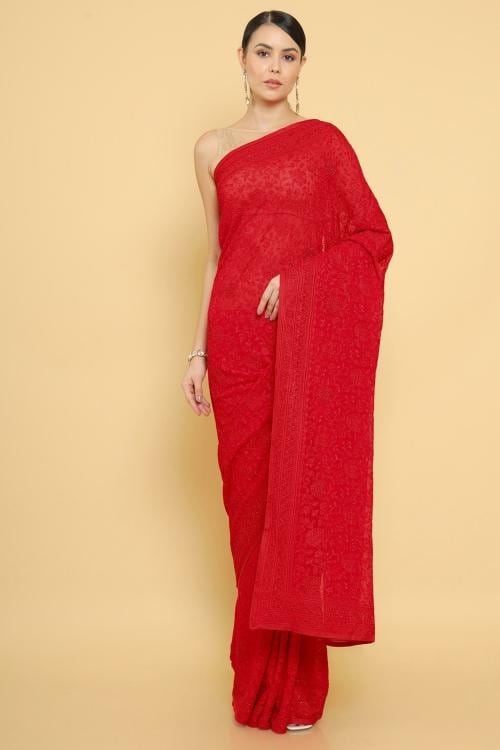 SOCH Women Red Embroidered Single Saree (Free Size)