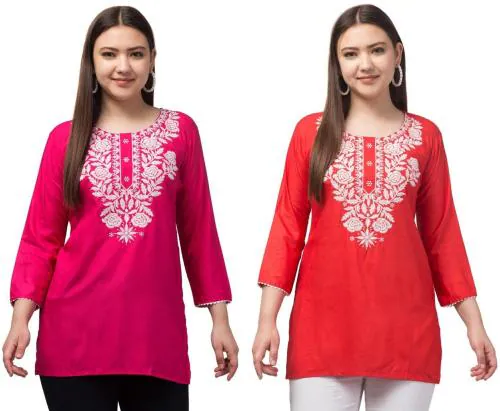Aura Glam Women Embroidered Latest Design Rayon Fabric Round Neck With Three Quarter Sleeves Short Kurti | MultiColour Pack of 2 |Magenta & Red