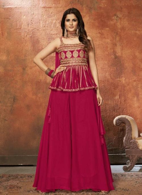 Ethnic Desire Women Pink Embroidered Georgette Top And Palazzo Set