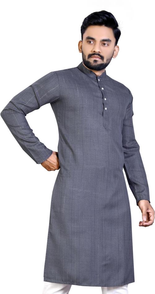 Plusifye Men Grey Solid Cotton Blend A-Line Kurta (M)