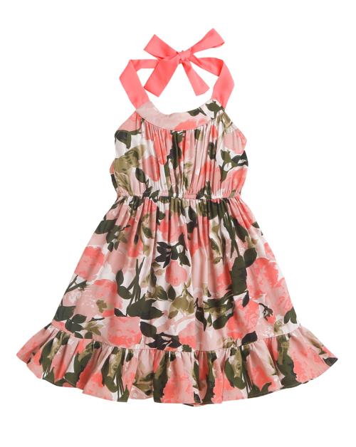 Hopscotch Girls Cotton Sleeveless Floral Print Casual Dress In Multi Colour For Ages 7-8 Years (HSP-3689513)