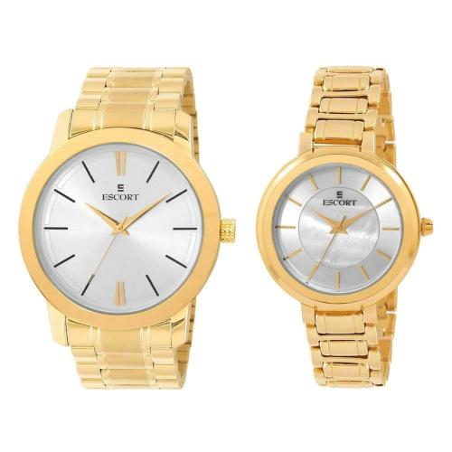 Escort Analog Silver Dial With Gold Strap Watch For Men & Women (E 2450-7244-5172 GM)