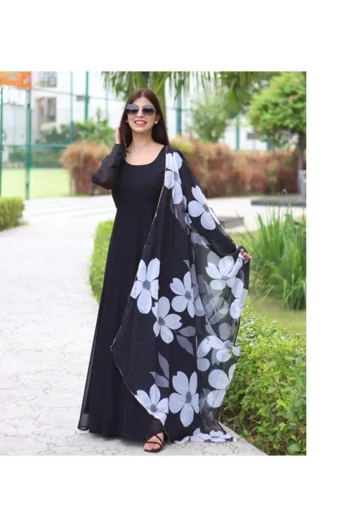 SAI TRADERS Women's Fox Georgette Digital Print Maxi Dress with Matching Dupatta - Lightweight, Comfortable, and Fashionable(Colour - Black) (Size - XL)