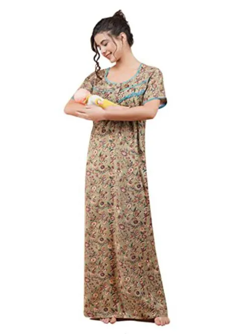 Tulsi Hatt Women Brown Printed A-Line Rayon Maternity Nighty