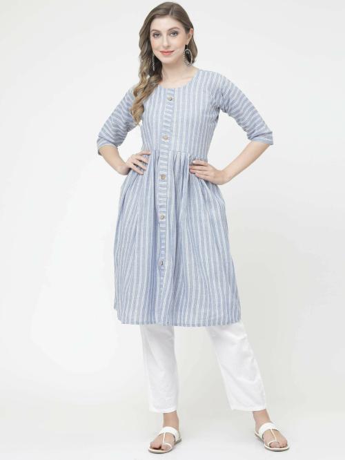 VINHSCAPE Women Blue Striped Khadi Cotton Single Kurta