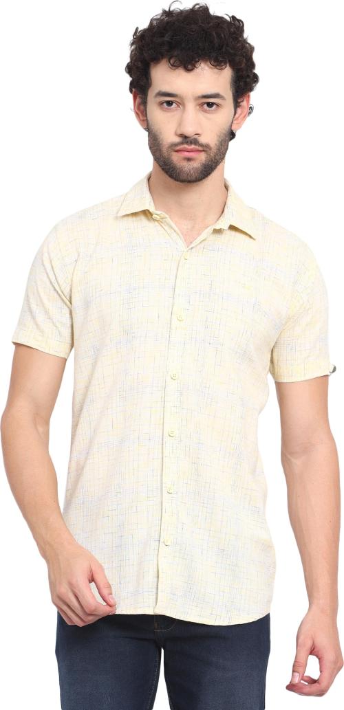 CVC Men Yellow Self Design Cotton Blend Regular Fit Curved Collar Casual Shirt (38)
