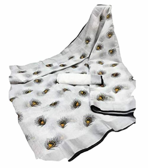 Women White Ikat Print Linen Saree with Blouse Piece