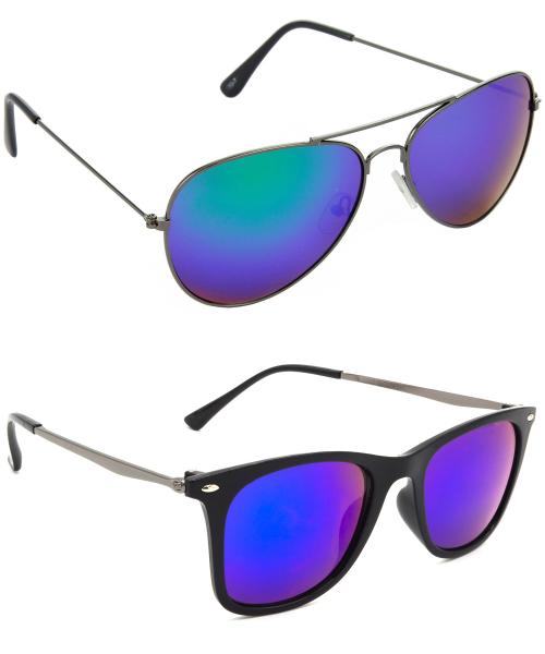 Red Leaf Men Women Boys & Girls Aviator & Wayfarer Sunglasses Grey Frame, Blue Lens (Medium) Pack of - 2