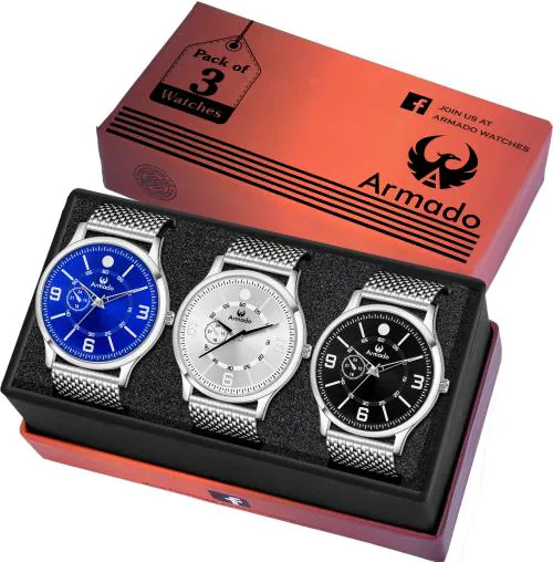 Armado Analog Black, Blue, Silver Dial Silver Strap Watch For Men (6704) (Pack Of 3)
