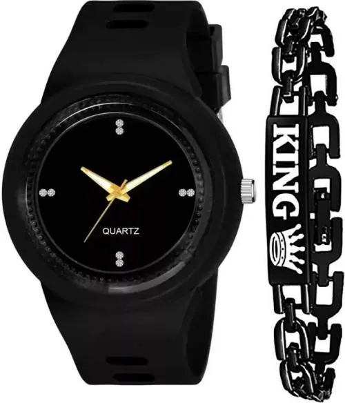 Blutech Black Analog Watch With King Bracelet For Boys (Combo Of 2)