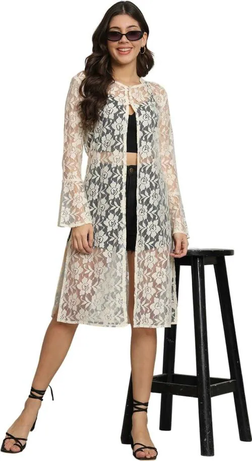 UR SENSE Women White Self Design Cotton Blend Shrug