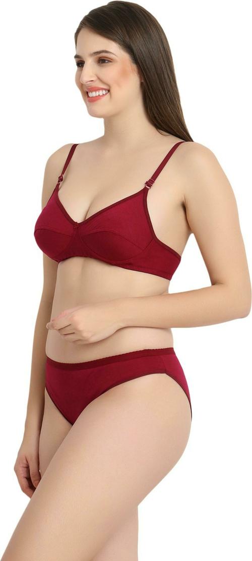 DHANDAI FASHION Women Maroon Solid Cotton Blend Bra and Panty Set