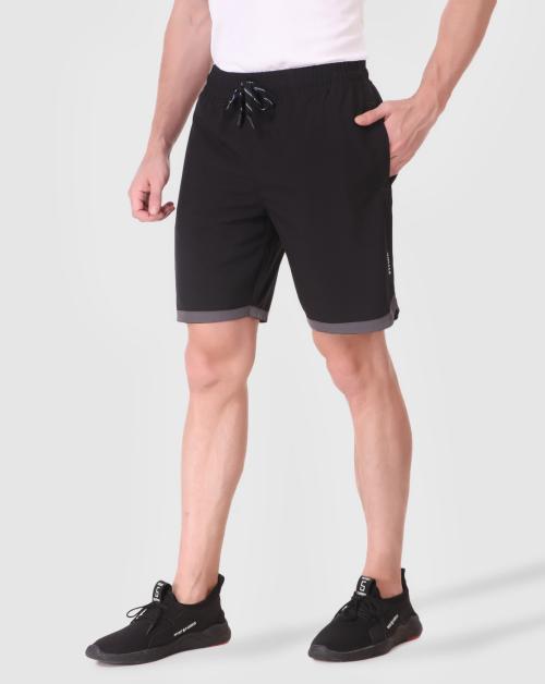 FITINC Black N.S Lycra Self-Designed Shorts for Men with Both Sides Zipper Pockets