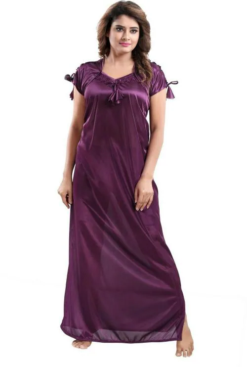 Life-Tale Women Purple Lace Satin Nighty
