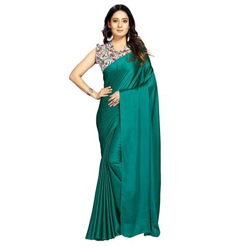 Anant Designer Studio Women Teal Green Plain Satin Silk Saree With Digital Printed Designer Blouse Piece