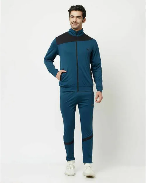 Glito Blue & Black Color Blocked Stretchable Regular Fit Gym Wear Track Suit For Men