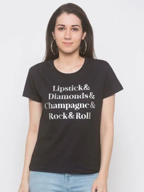 GLOBUS Women Black Printed Cotton Round Neck Tshirt