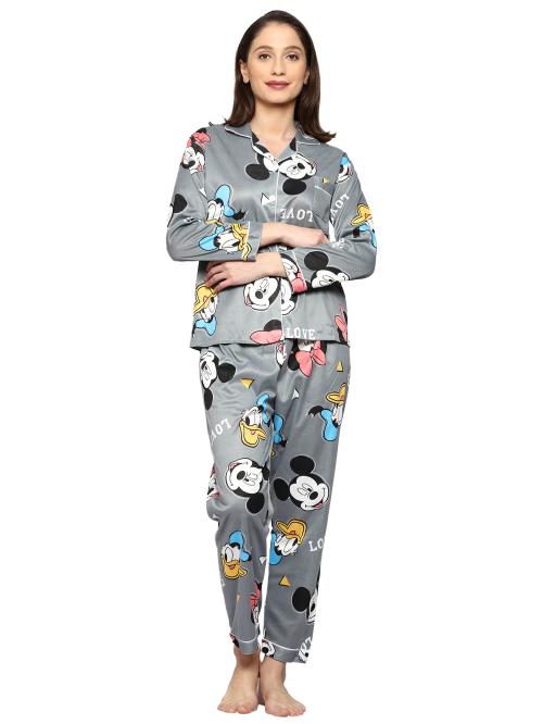 AUREA Full Sleeves Solid Printed Buttoned-Shirt & Pyjama Night Suit Set for Girls & Women
