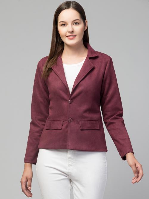 TEEKHI GIRL Single Breasted Suede Formal Blazers For Women And Working Professionals Fabric : Cotton Blend| WINE| LARGE