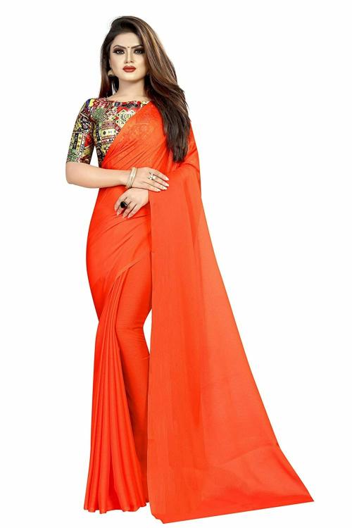 Bought First Bollywood Stylish Plain Chiffon Saree with Printed Blouse for Girls & Women's -(Orange)