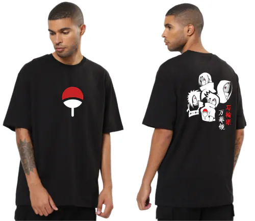 Be Crazy Naruto Uchiha Clan Anime Oversized fit Round Neck Black Half Sleeves Pure Cotton Tshirt For Men