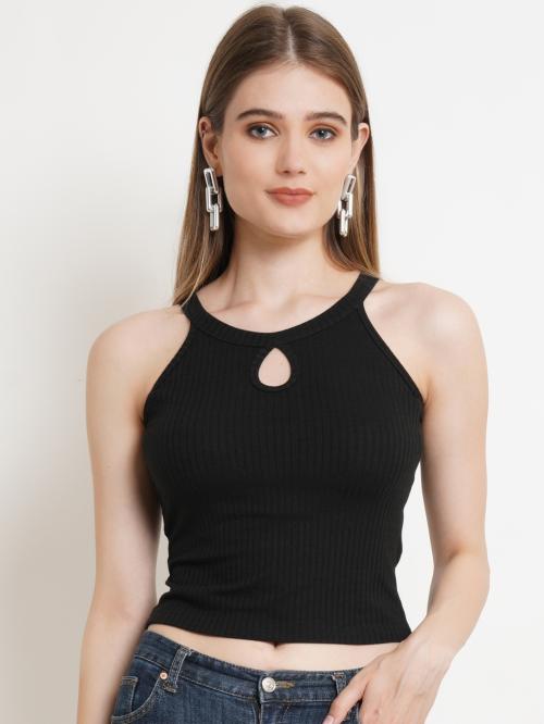 Popwings Women Casual Black Rib Keyhole Crop Top