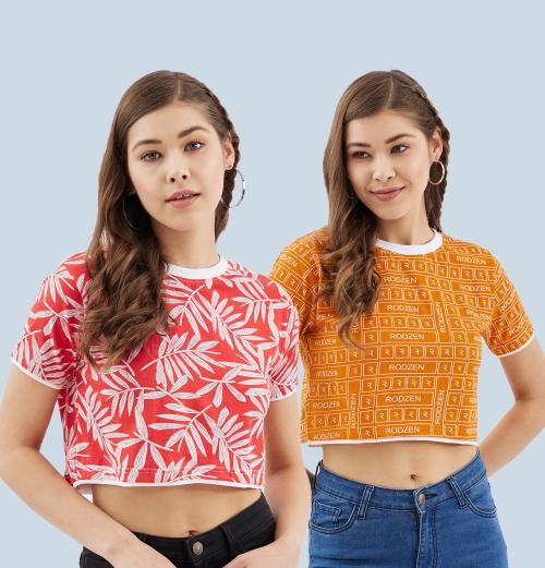 RodZen Pure Cotton Printed Half Sleeve Crop Tshirt(PO2)