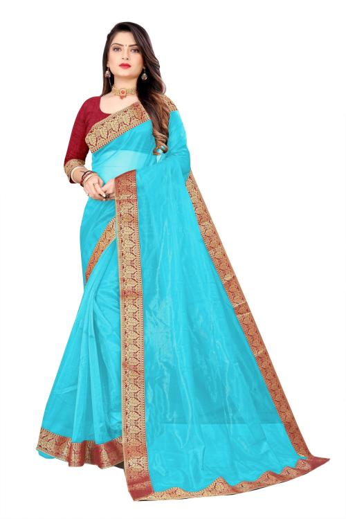 Nixyo Women Light Blue Temple Border Net Bollywood Saree