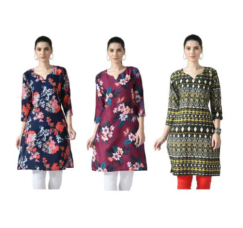 IndiWeaves Digital Printed Straight Kurta/Kurti for Women {Pack of 3} Multicolor
