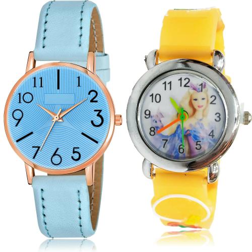 TIMENTER Brand New Formal Triangle Geometry And Doll Kids Blue And Orange Colour Analog Genuine Leather And Plastic Belt 2 Watch Combo For Women And Girls - GW56-GC49