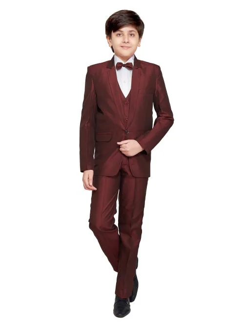 Jeetethnics Boys Maroon Coat Suit Set with Waistcoat Shirt and Trousers