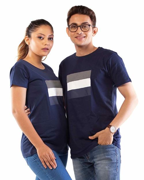 Lappen Fashion Couple's Printed T-Shirt | Combo of Half Sleeve Tshirts | Cotton Round Neck | Trendy & Stylish Look | Pre Wedding Tees | Trio Lines Design Theme - Set of 1 (Navy Blue) XXL