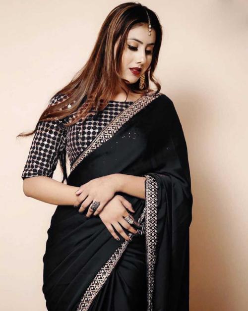 mydoux Women's Silk Embroidery Border Saree with Heavy Work Blouse Unstitched Piece -BLACK