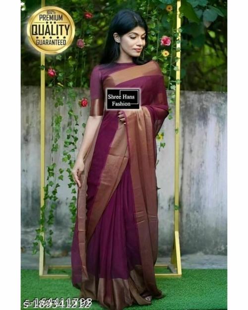 Vkaran women' s Maroon Chiffon Plain Saree With Blouse