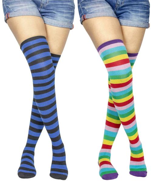 Neska Moda Women's 2 Pair Striped Cotton Thigh-High Stockings (Multicolor)