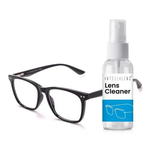 Intellilens Anti Glare and Zero Power Blue Cut Square Computer Glasses for Eye Protection with Lens Cleaner Shiny Black Men and Women