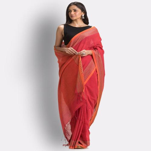 Angoshobha Free Size Women Red Striped Cotton Molmol Saree
