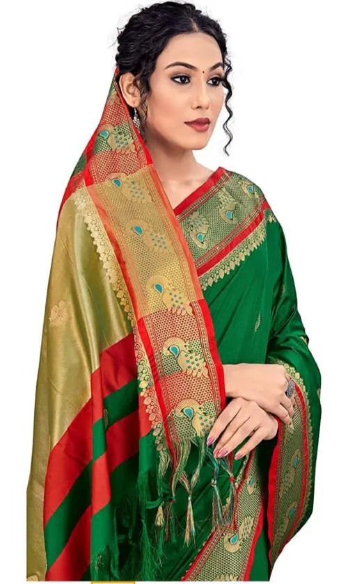 S S Woven Paithani Cotton Silk Saree (Bottle Green)