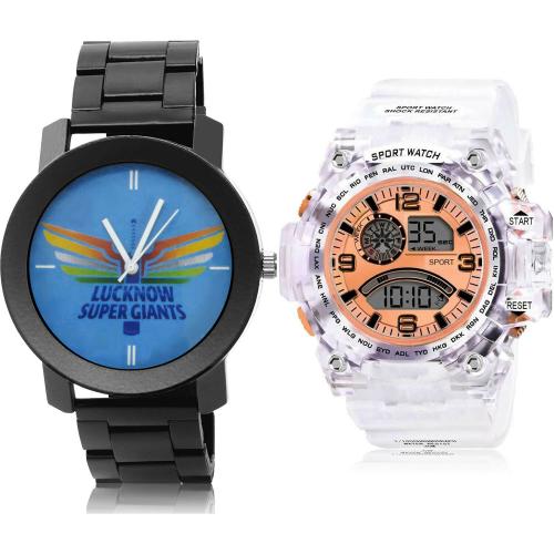 GROOT Contemporary 3D Design Lucknow Super Giants (Lsg) Ipl Chain And Transparent Army Sports Black And White Colour Analog And Digital Metal And Plastic Belt 2 Watch Combo For Boys And Men - IPL20-BC34