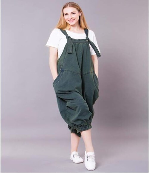 JURIP TRENDS Women's Denim Overall Casual Wide Leg Baggy Jumpsuit-Dark Green