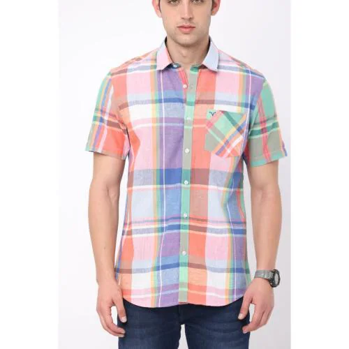 Veerya Men's Cotton Linen Multicolor Checkered Shirt - Size -44(XL)