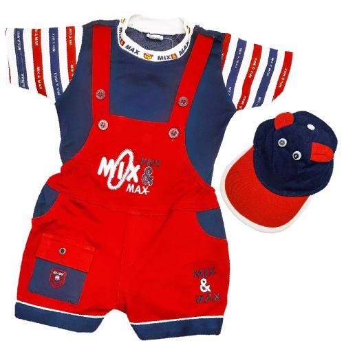 Zuvim Baby Boys & Baby Girls Embroidered Dungaree, T-Shirt & Cap Clothing Set (Red 0-6 months)