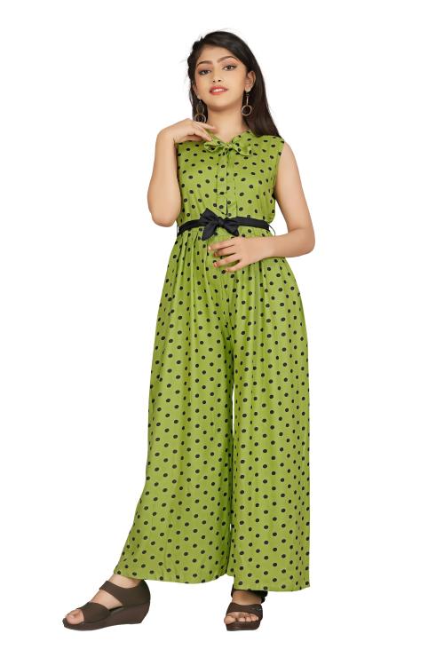 RK Maniyar Girls Rayon Polka Printed Relaxed Fit Jumpsuit: The Latest in Fashion Trend for Girls! (Green)