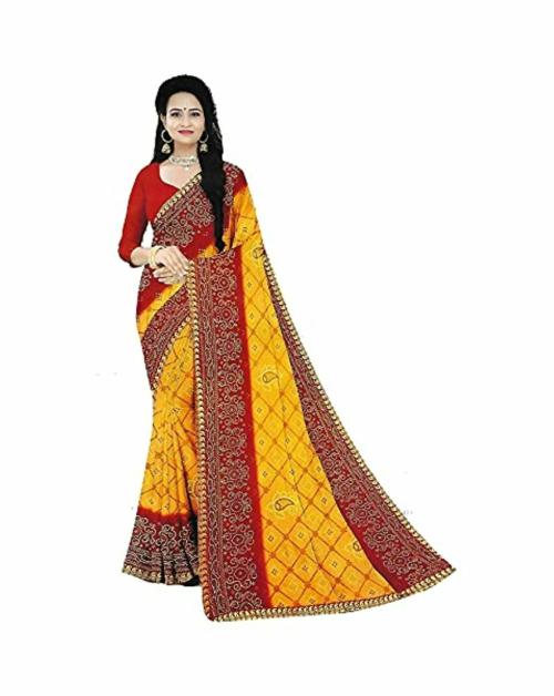 ORRUV Women Bandhani Cotton Saree with Blouse Piece
