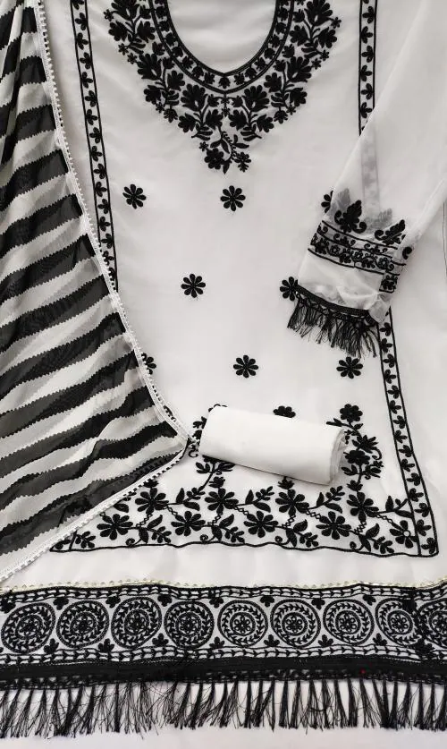 SANILA White Ruby Georgette Embroidery Aari Work Unstitched Salwar Suit Dress Material With Dupatta