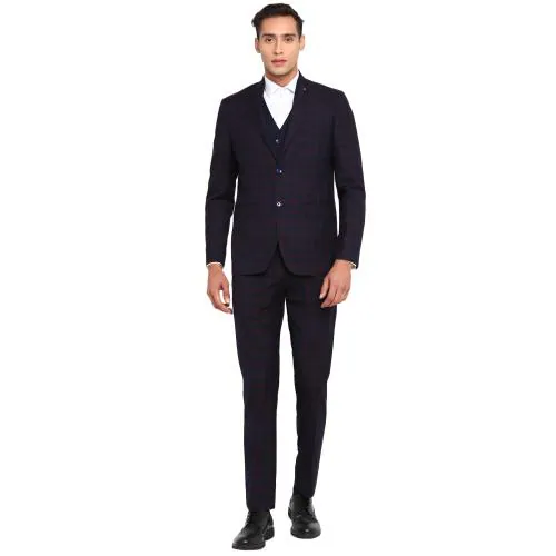 RED CHIEF TOP BRASS Business Fit Polyester Viscose Elastane Blue/Red Check Formal Suit for Men