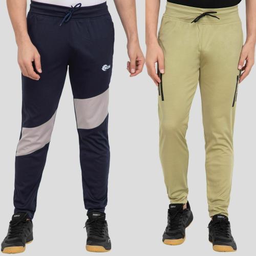 Ekom Men`s Color Block & Side Stripe Logo Lycra Track Pant Pack Of 2- Navy & Pista