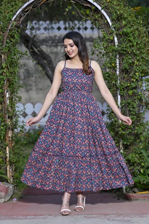 Mintmarie Women's Printed Sleeveless Long Dress (Blue Leaf)