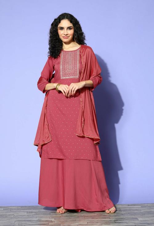 Shewill Women Brown Embroidered Satin Kurta And Palazzo Set (S)