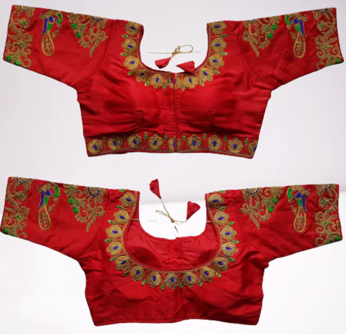 poshvariety Women's Silk Embroidery Sequins Work Readymade Saree Blouse wedding party festival wear Hand Work (Firozi)